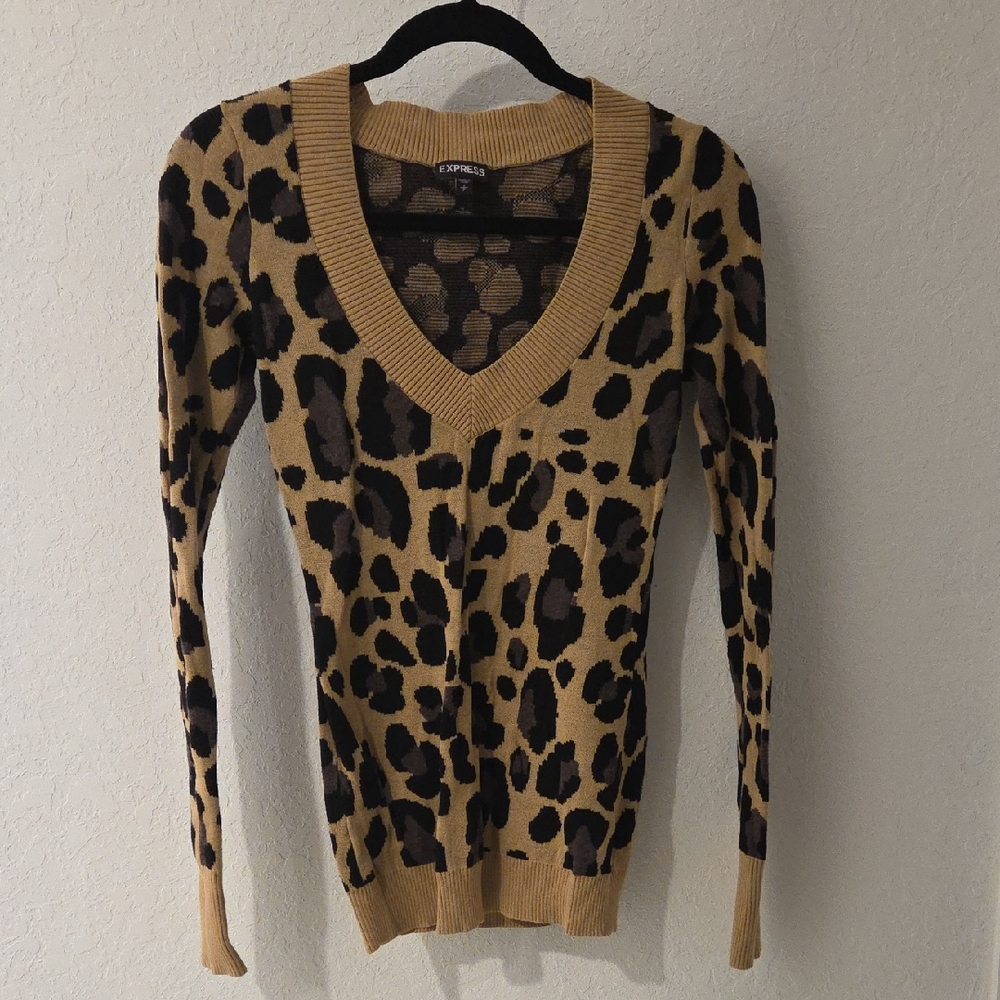 Express Black and Tan Animal Print V-Neck Sweater